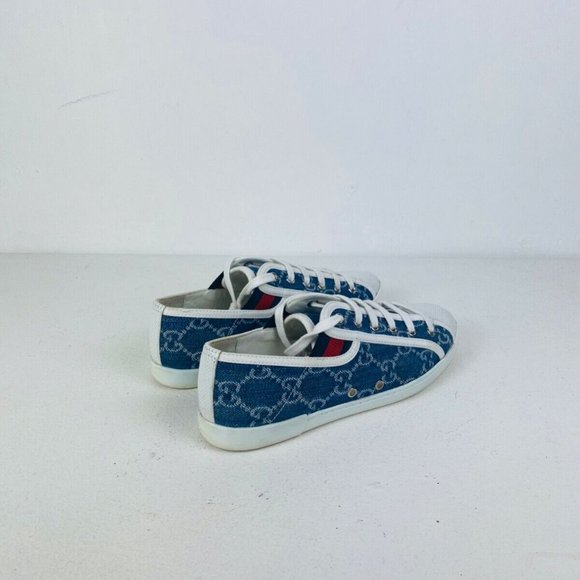 Gucci Blue Denim Monogrammed GG Logo Leather Trim Low Top Tennis Trainers UK 3 - Picture 5 of 10